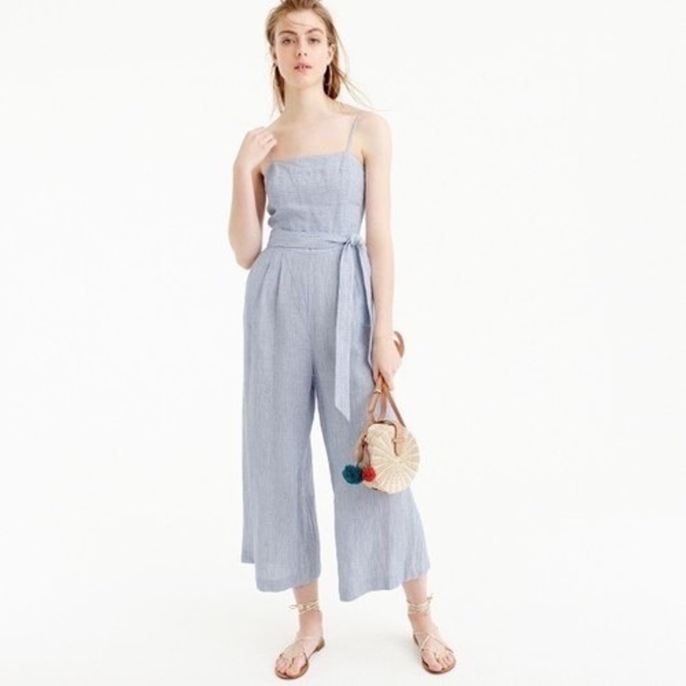 J.Crew Blue White Pinstripe Linen Wide Leg Jumpsuit G5964 Size 12 NWT